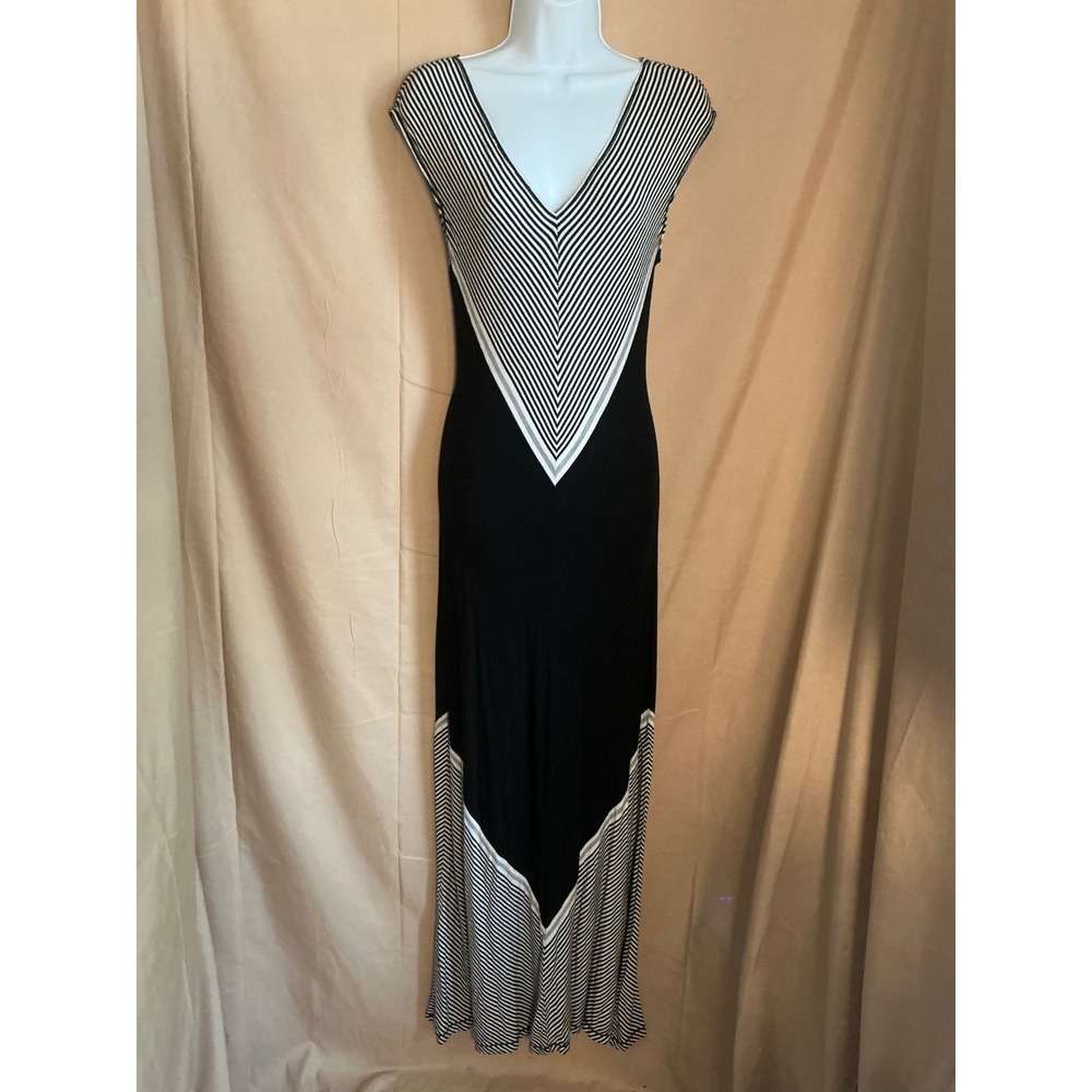 Max Edition Maxi Dress Women Medium Black White Good Striped Chevron V-Neck